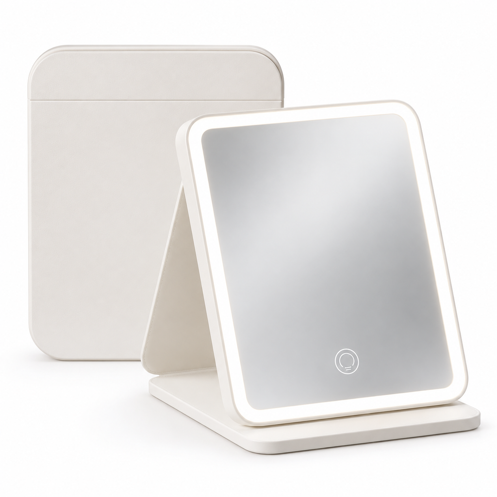 Portable LED Leather Foldable Makeup Mirror with Adjustable Stand