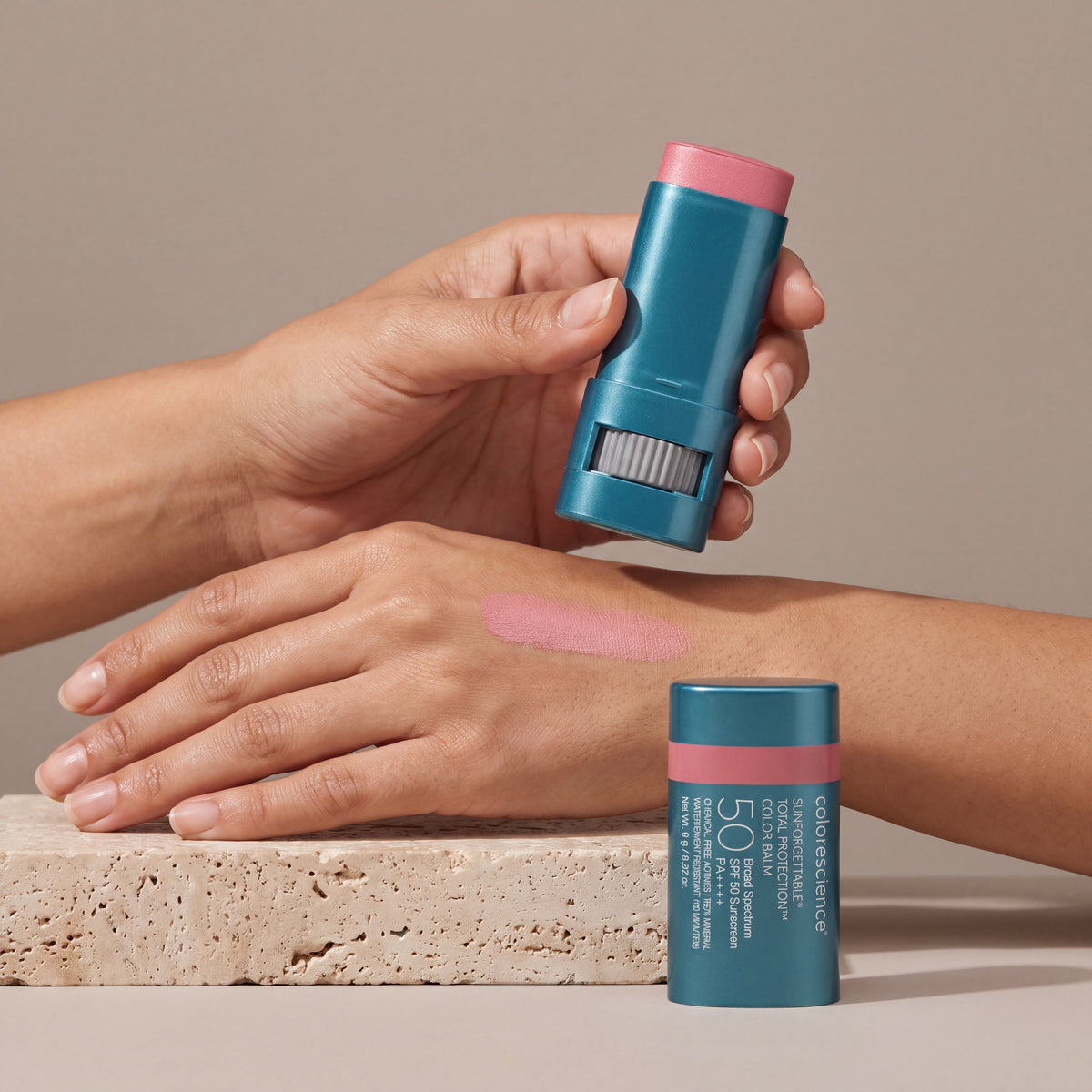 Colorescience Colour Balm Pink Sky in hand with swatch