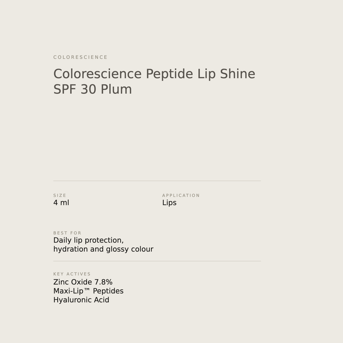 Colorescience Peptide Lip Shine SPF 30 Plum benefits and key actives