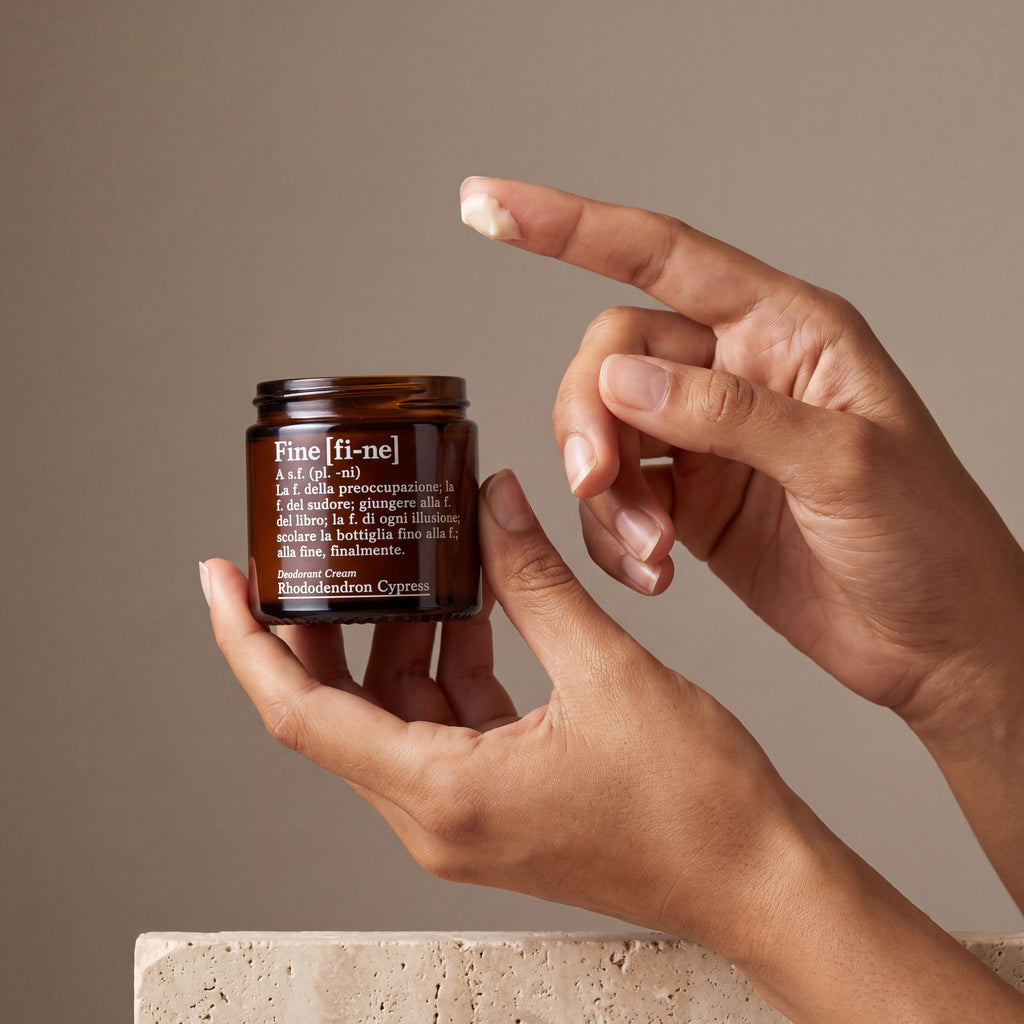 Fi-ne Rhododendron Cypress Deodorant Cream held in hand