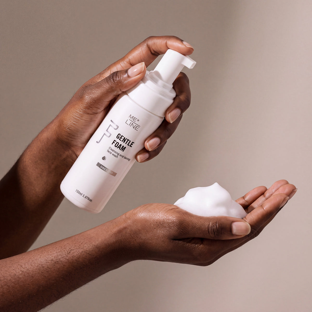 Meline Gentle Foam held in hands, editorial studio shot