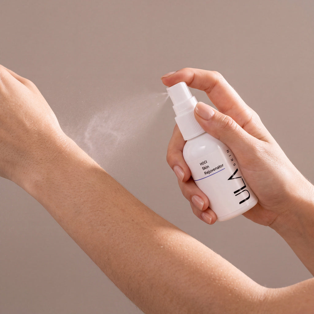 ULA Skin Rejuvenator Hypochlorous Acid 50ml held in hands, editorial studio shot