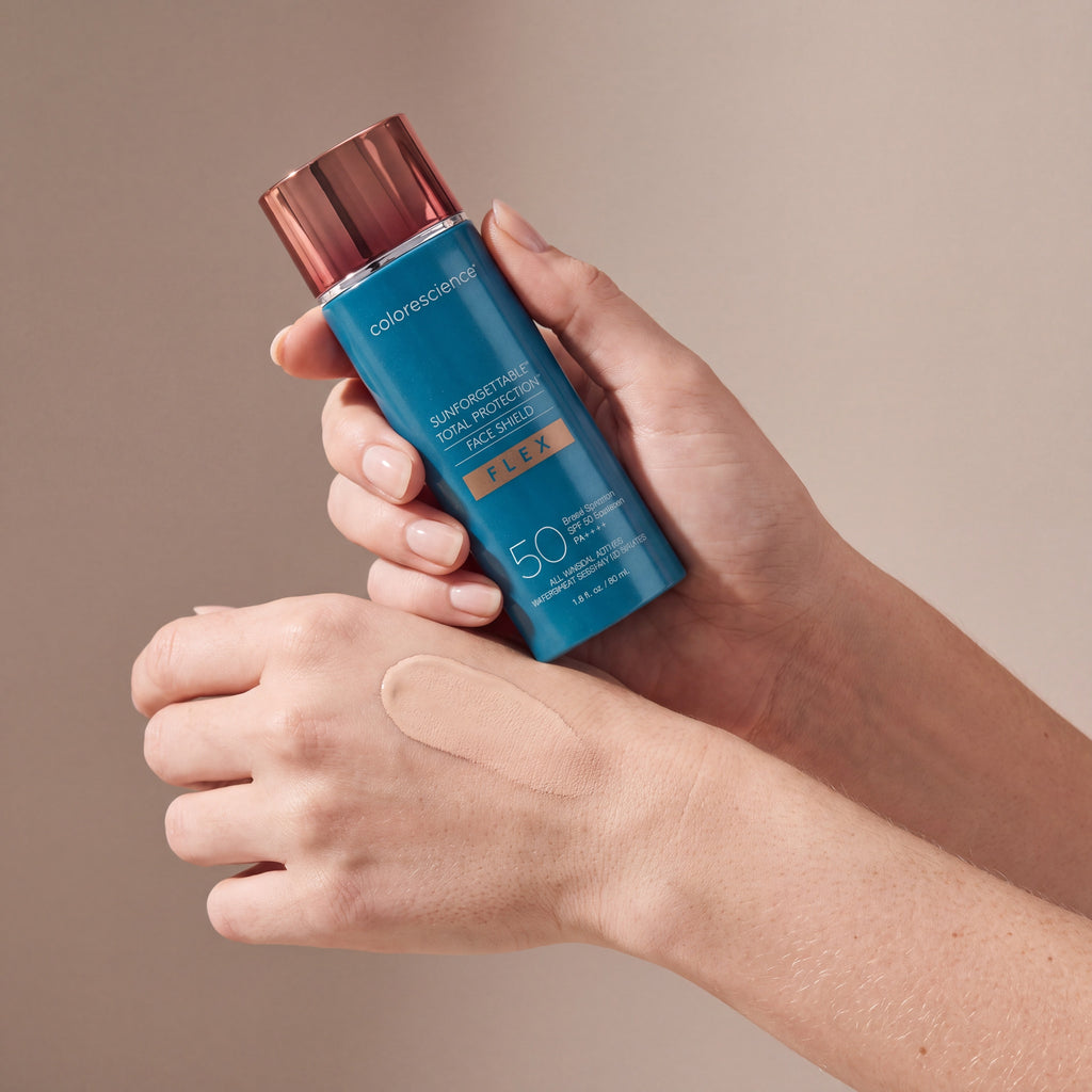 Colorescience Flex SPF Fair held in hands, editorial studio shot