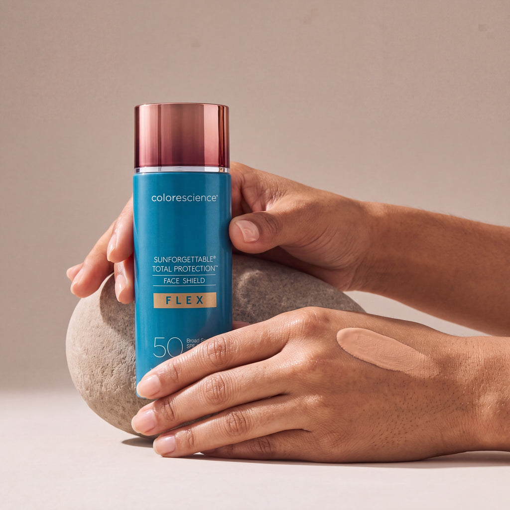 Colorescience Flex SPF Medium held in hands, editorial studio shot