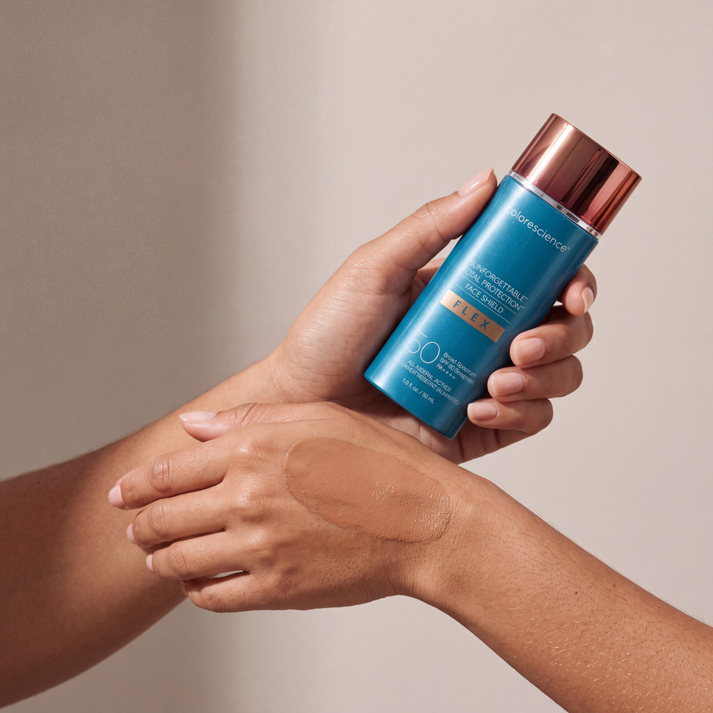 Colorescience Flex SPF Tan held in hands, editorial studio shot
