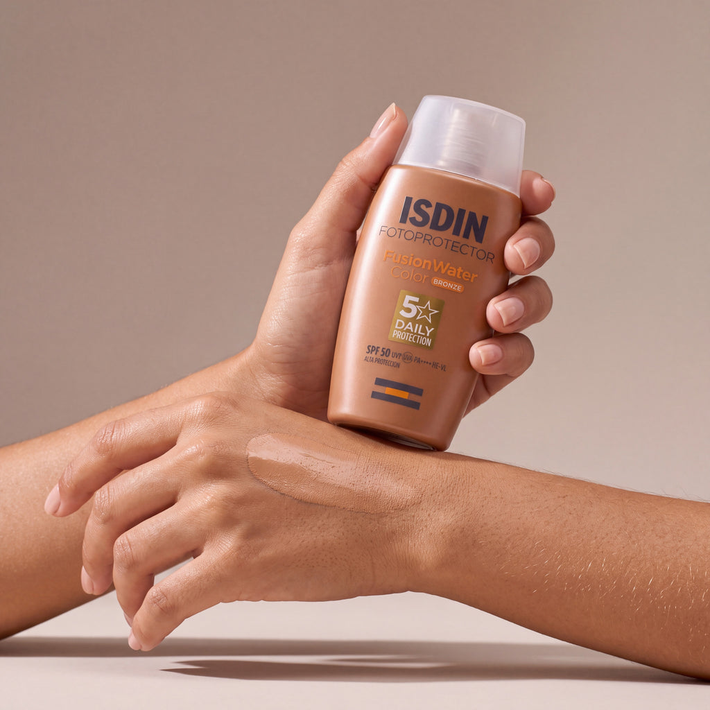 Isdin Fusion water color Bronze held in hands, editorial studio shot
