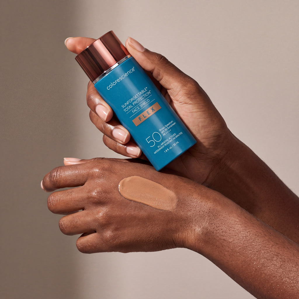 Colorescience Flex SPF Deep held in hands, editorial studio shot