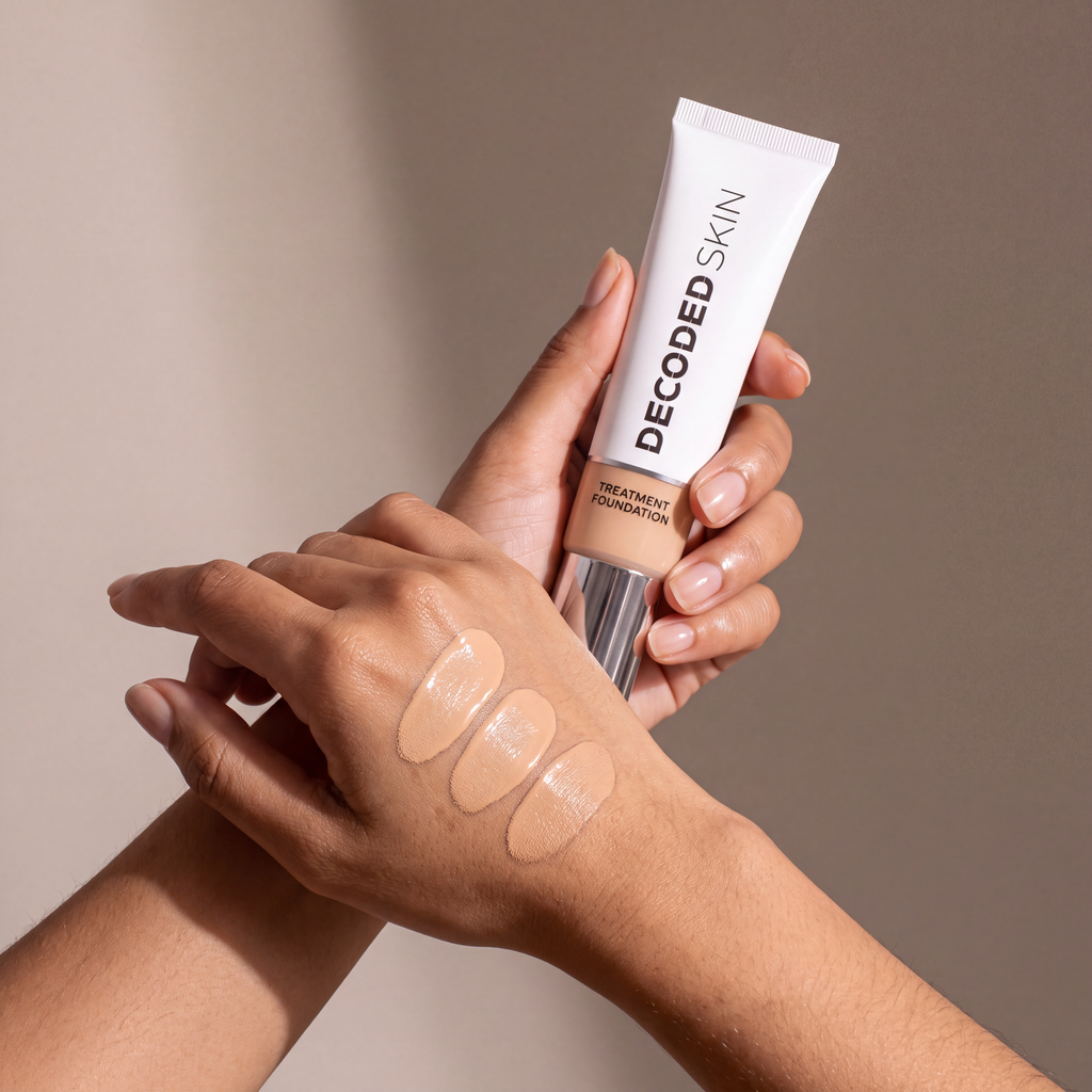 Decoded Treatment Foundation no 4 held in hands, editorial studio shot