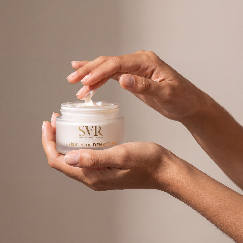 SVR Creme Riche held in hands, editorial studio shot