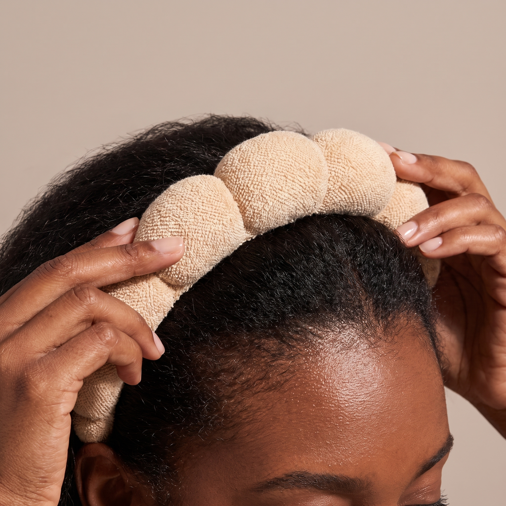 Wide Brimmed Anti Slip Headband with Comb being worn, editorial studio shot