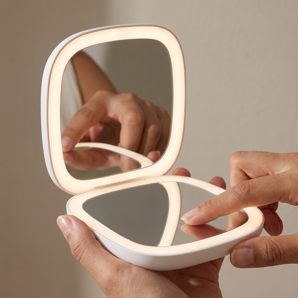 USB Touch Sensor LED Makeup Mirror in hands, editorial studio shot