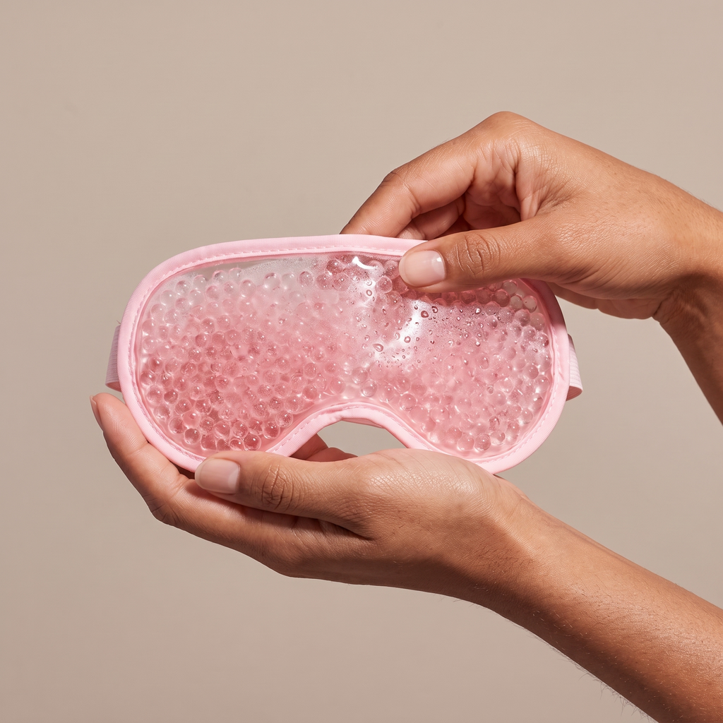 Cooling Gel Eye Mask held in hands, editorial studio shot