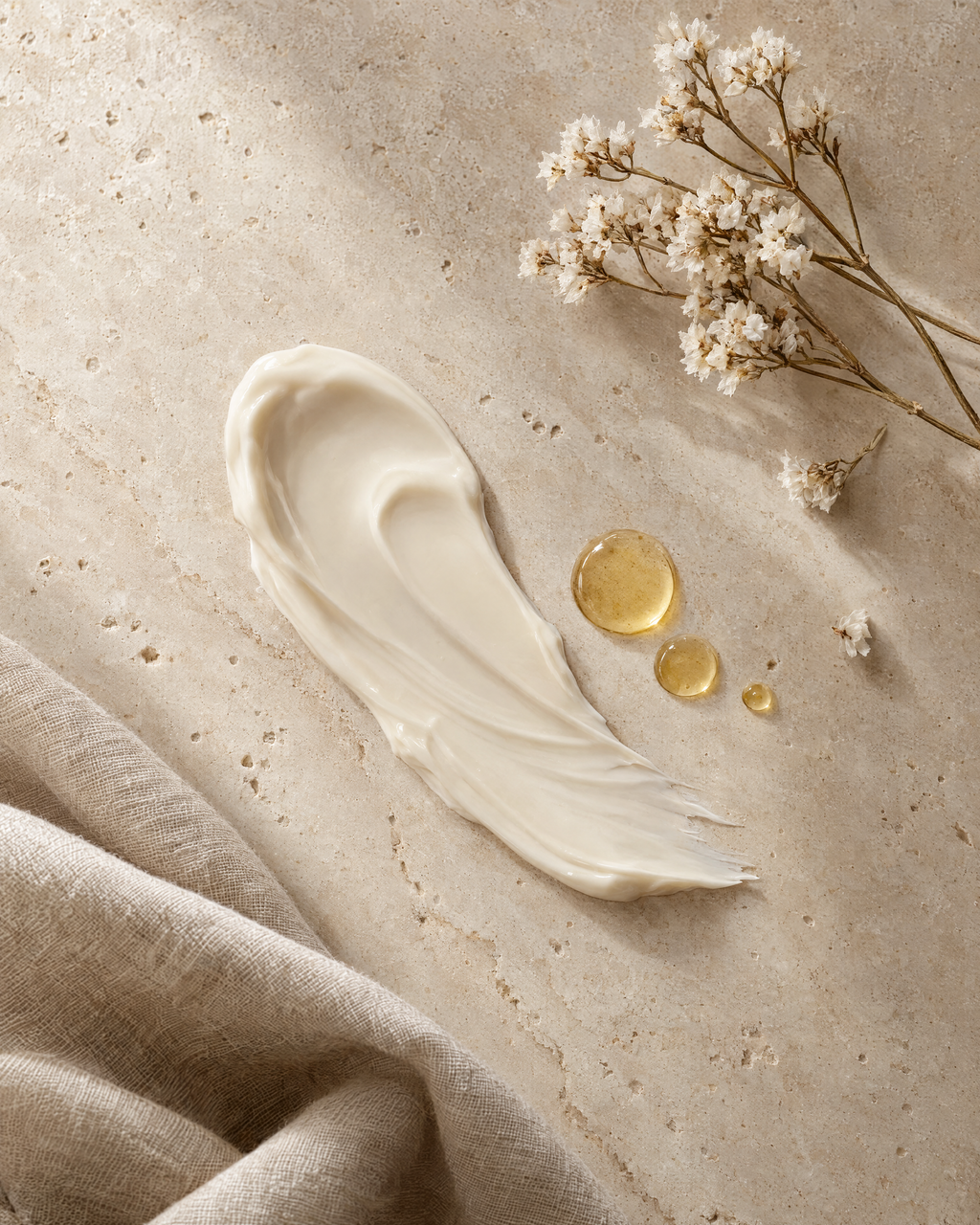 Neck cream swatch with botanical oil and dried flowers on stone