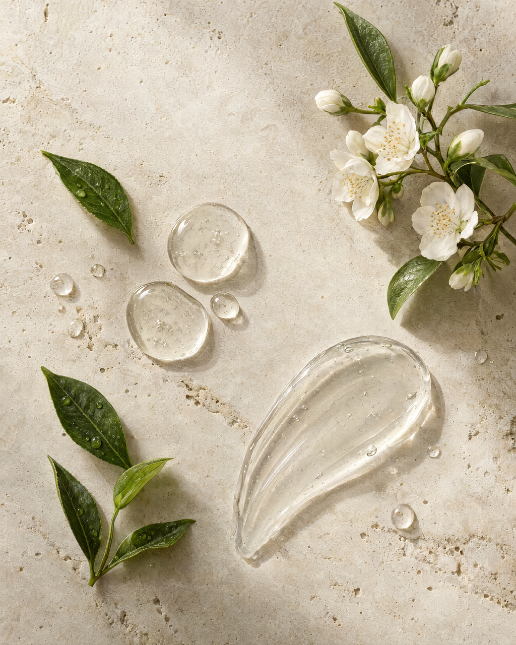 Eye gel texture with green tea leaves and botanicals on stone