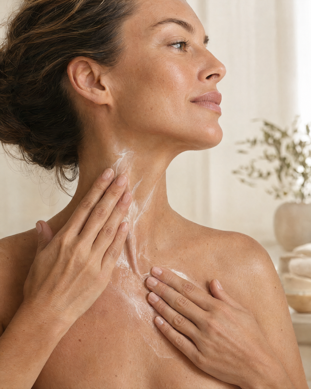 Woman smoothing cream upward along her neck and décolletage