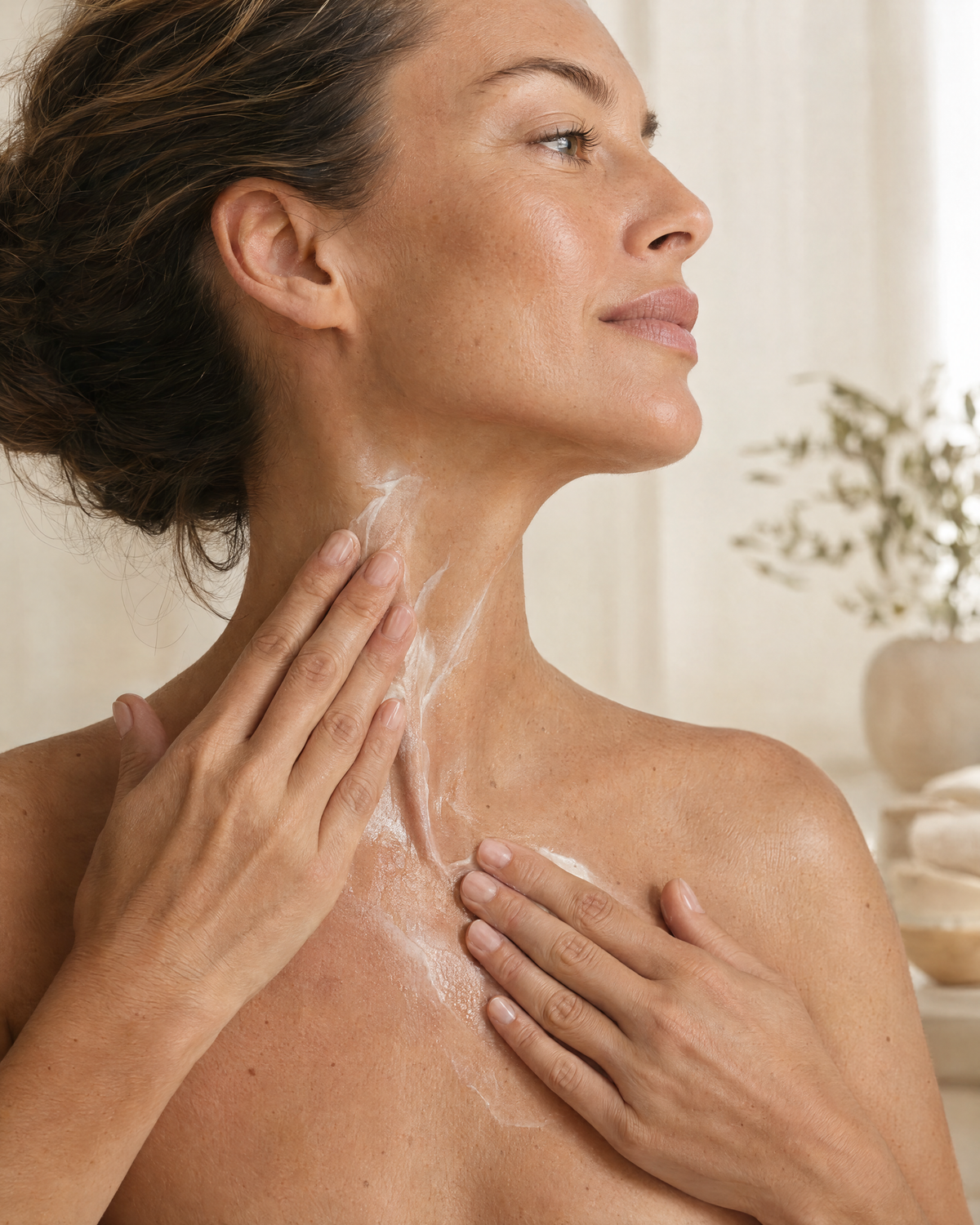 Woman smoothing cream upward along her neck and décolletage