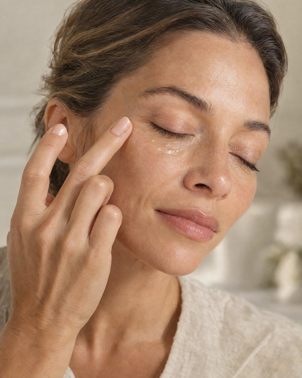 Woman gently patting eye gel under the eye with her ring finger